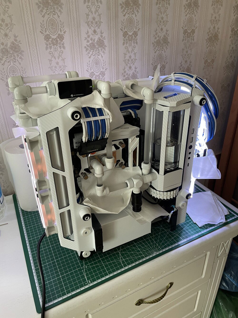 Testing the loop for leaks with distilled water. Pieces of paper towel everywhere.