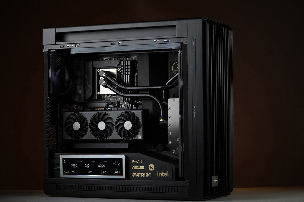 Asus CREATOR build by neSSa is finished, thank you partners and all of you who support my work. Enjoy in the final photos and video:
https://youtu.be/5qhL6rq7WsA?si=QbGSR9eH7sgEQQPG
https://youtu.be/5qhL6rq7WsA?si=QbGSR9eH7sgEQQPG
Hardware:
Asus ProArt PA602 Case
Asus ProArt Z790 Creator WiFi Motherboard
Asus ProArt RTX 4070 Graphics card
Asus TUF 1200w Power supply
Intel I9 14900KS
Patriot Signature Premium DDR5 4x24Gb 5600Mhz
Patriot VP4300 M2 4Tb
EK-Pro CPU WB 1700 CPU block
EK-Pro Pump Reservoir Manifold X3 D5
EK-Quantum Surface P360 - Black Edition
EK-Quantum Impulse 120 D-RGB
etc...