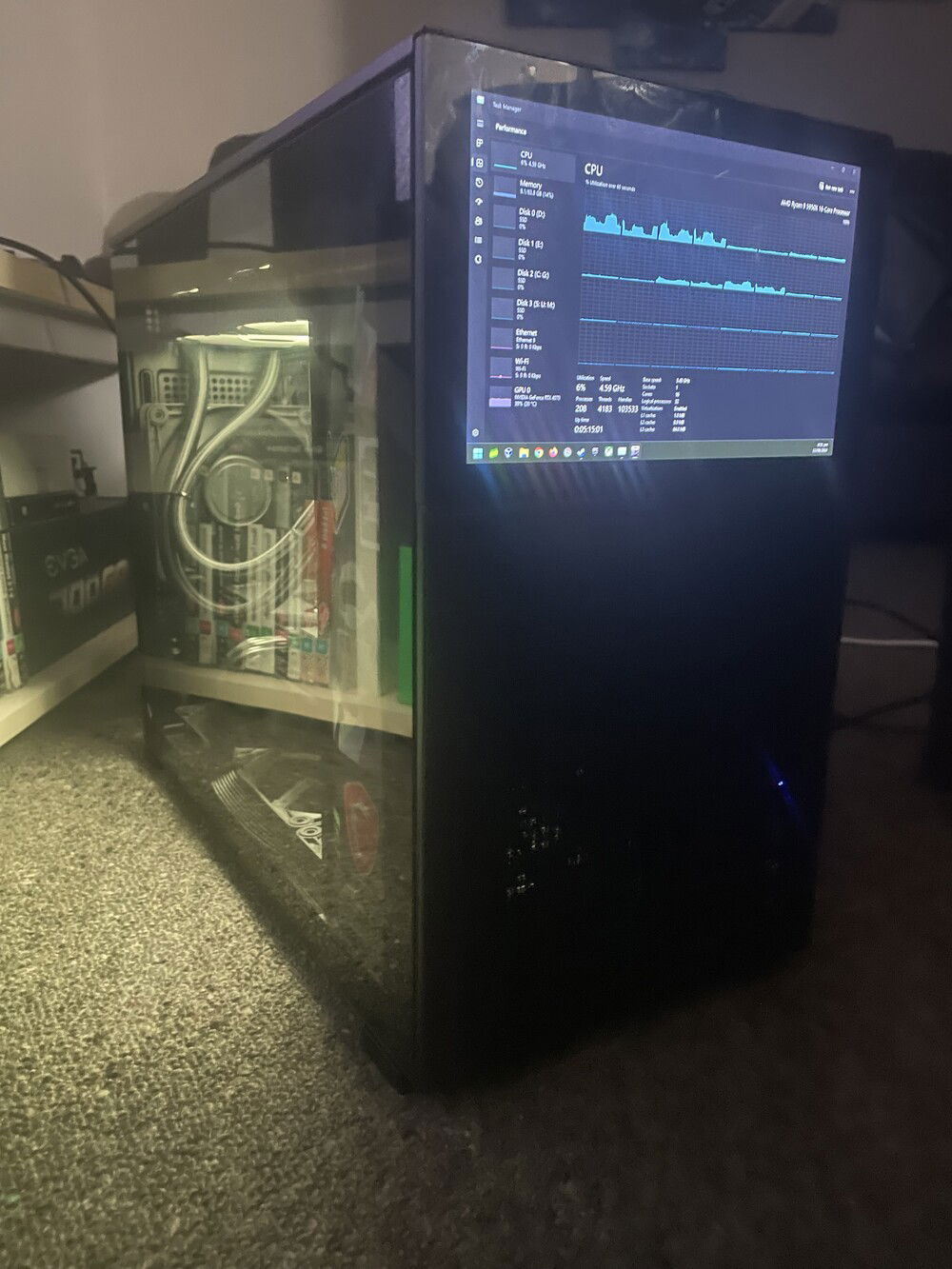 Front view of case. I ordered this one with the screen. Can get a great view of whats going on with my pc using things like msi center, hwinfo & task manager.