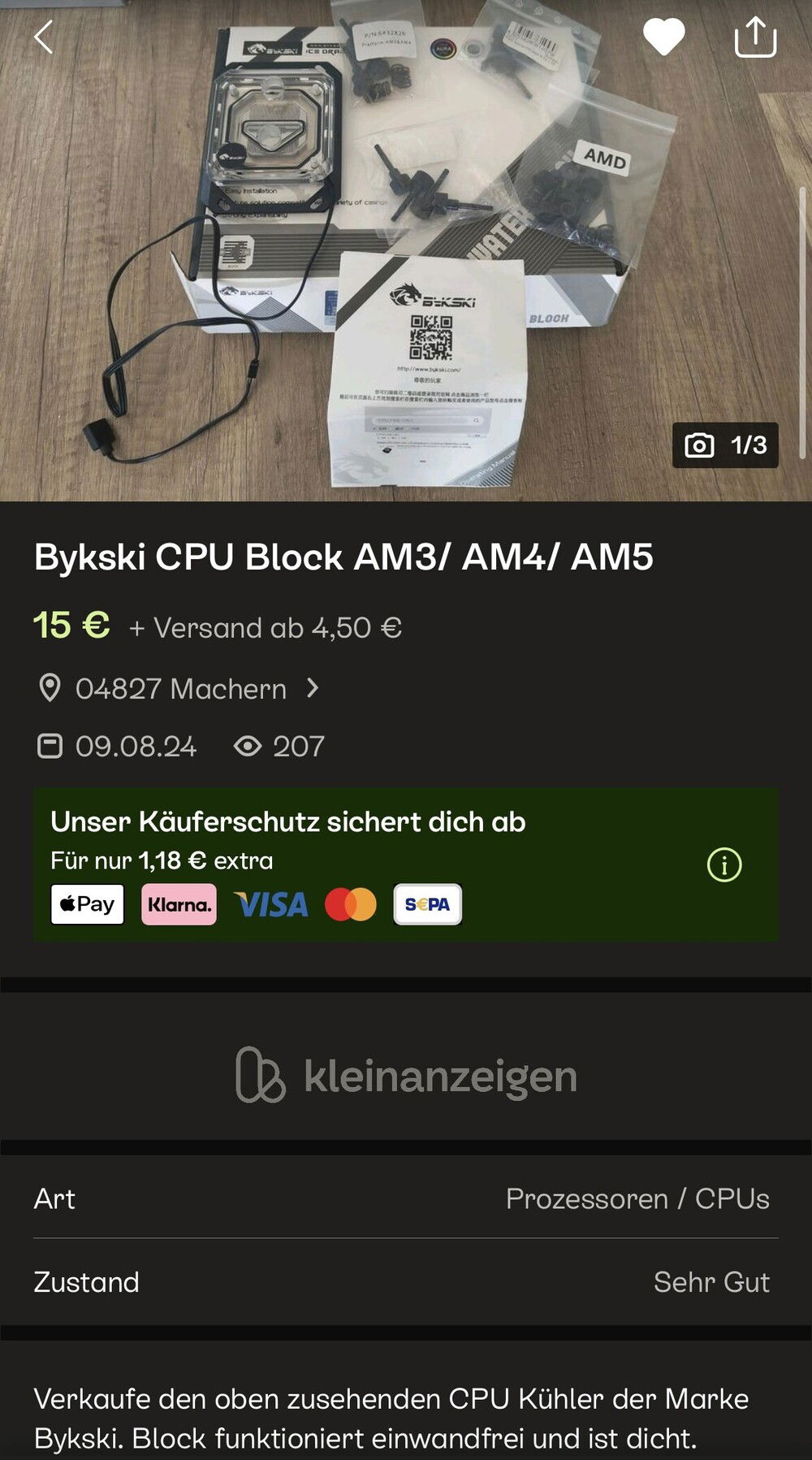 Since I wanted custom water cooling, I searched for parts. I looked for the typical water cooling brands like EKWB, Bykski, and Heatkiller, but not Alphacool, because I don't like their heavy use of RGB and blue or other color accents. I know Alphacool is a good brand, but it's not my aesthetic

I also came across a Bykski AM4 block very locally, just 15 minutes away by train, for only €15. It looked like new and had only been used with DP Clear.