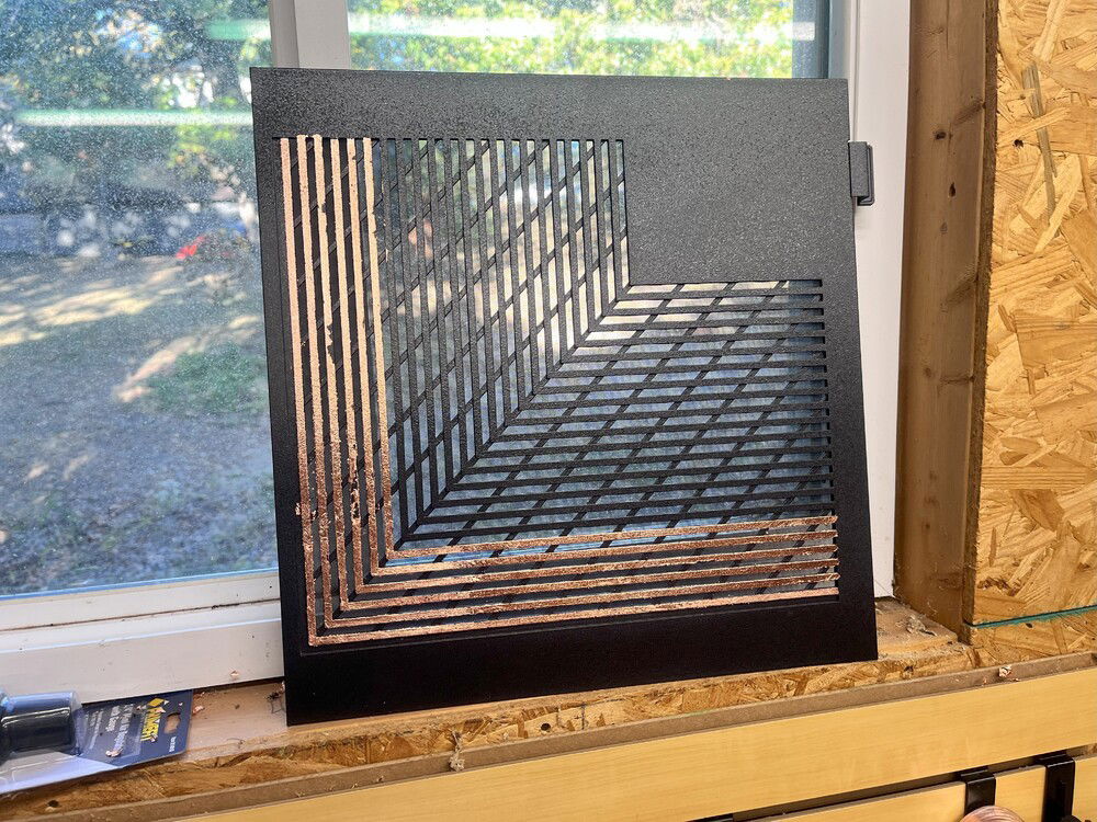 Then as things were drying I started to look at the external pieces and tried copper leaf. Too messy, not a clean look and finally sanded it off and went back with the Ram gray.  Still has potential, maybe a pint design that follows the cover????