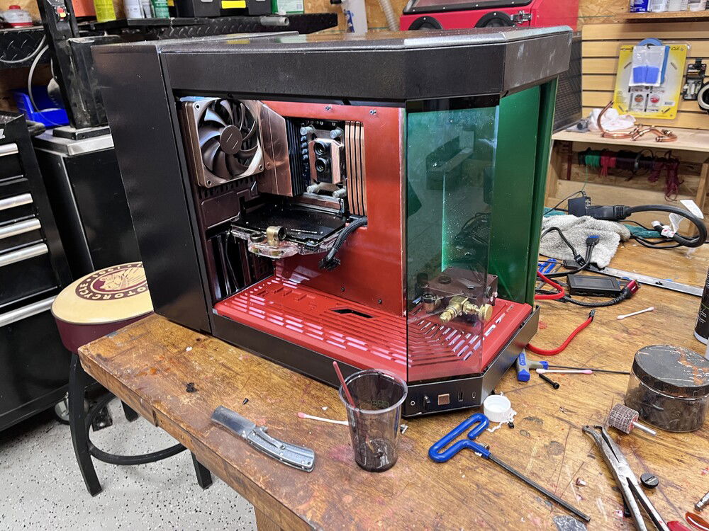 Note the change in the grate color. I was tired of the copper paint and wanted something a bit more bold. Nothing like red to make things stand out. At this point I though about building out the house a bit. Originally just to cover up the wires as I wanted the computer top be seen 360.