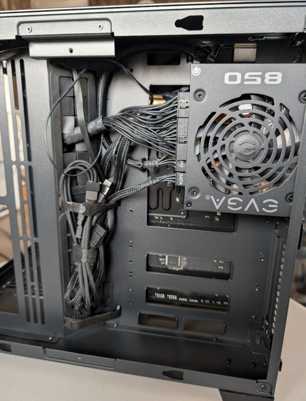 Inside the "back" of the case. PSU cables lead to the "front" of the case.
Cable management not great, but not terrible either :P