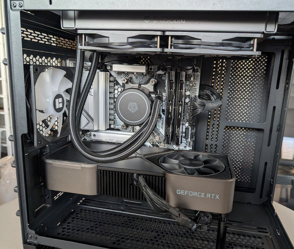 "Front" of the case: motherboard, GPU, water cooler.