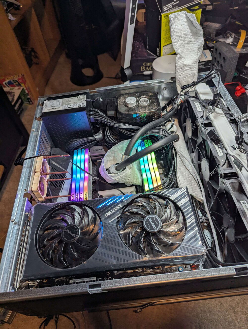 Waterleak testing. Did use the EK loop tester on all major parts first. And Yes I took the peel off the GPU. Only kept it there because at the time I had no idea is the GPU was gonna work since I didn't have Resizeable BAR. As you can see this was a tight fit. Used XSPC EPDM 13/10mm for tubing and various fittings.