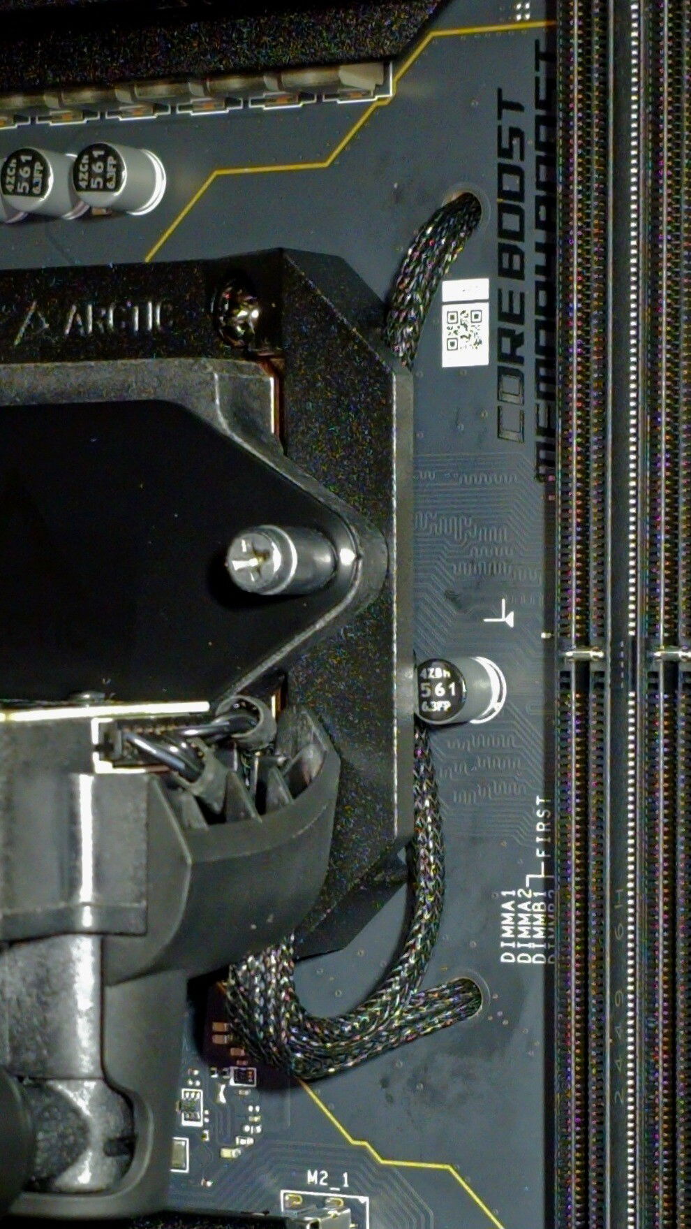 sheathed & ran leads for CPU-cooler through mobo for cleaner look & better air flow