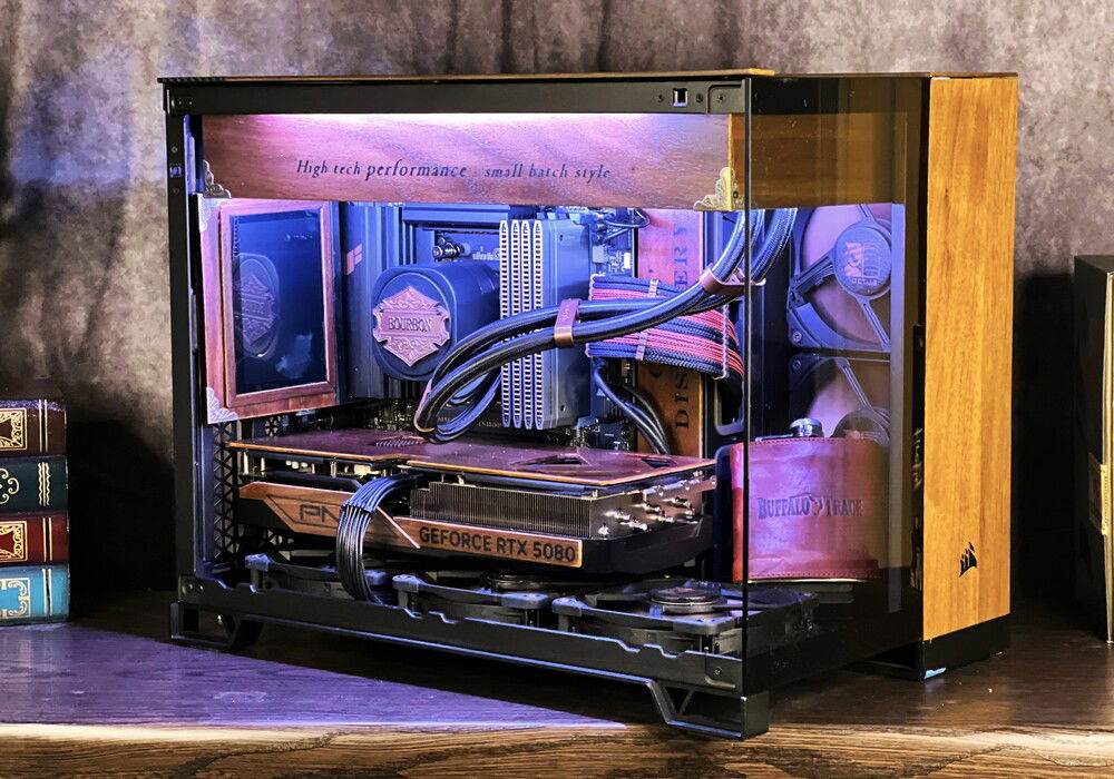 The radiator is hidden by a wooden panel, which houses RGB strips to illuminate the interior.