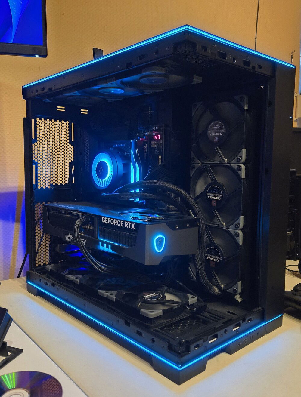 A view into the PC (with the glass panels removed)