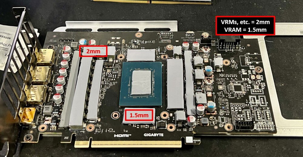 Replaced with regular pads and PTM7950 on the GPU die. (Yes, I'm aware this may not have been an issue. After discussing with the client we opted to deal with it now.)