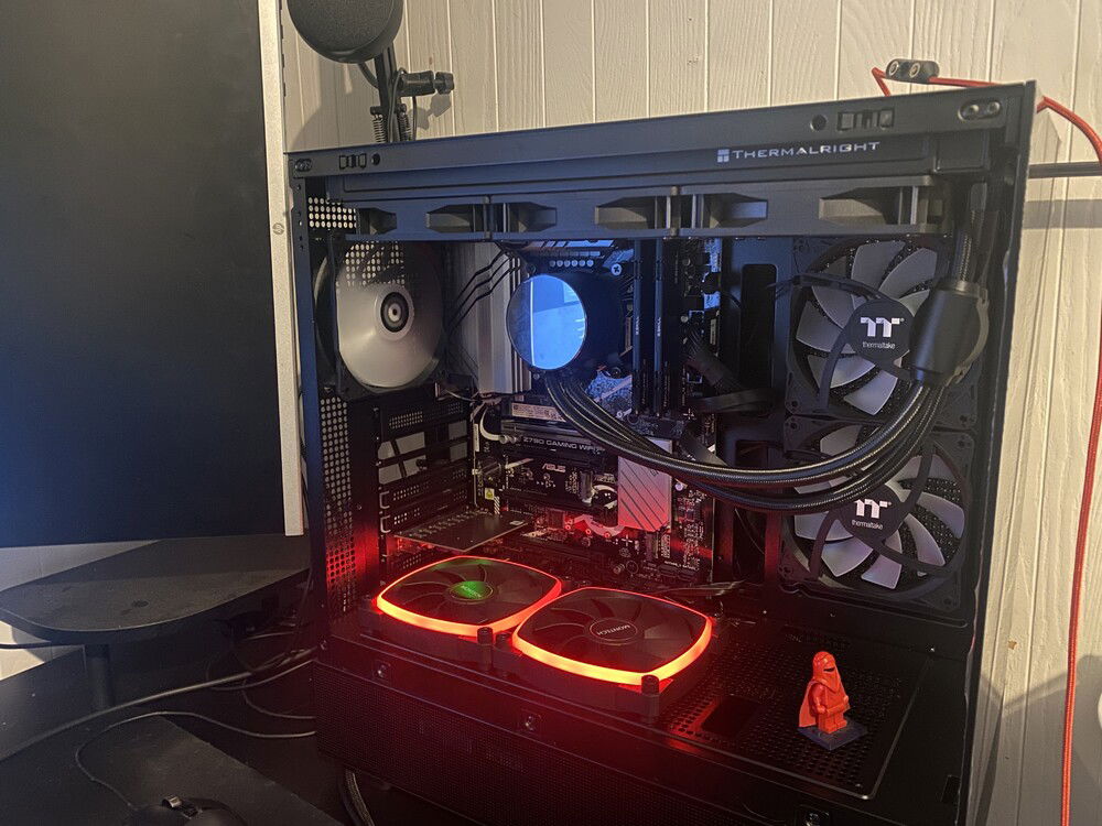 Early stage of the build. No 8-pin or SATA modular cables yet, so no GPU, RGB, or SATA storage. Note very important Royal Guard member