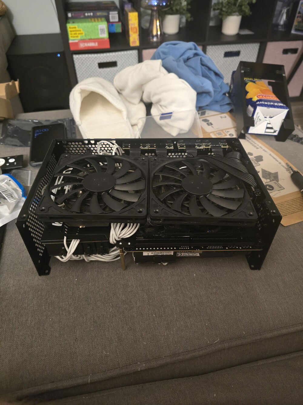 Zotac 3070 deshrouded, fan modded, and installed! You can see the ADT-Link cables routed in front of the GPU. VERY tight fit, so very tight bends. I think that's partially the reason why they didn't work.