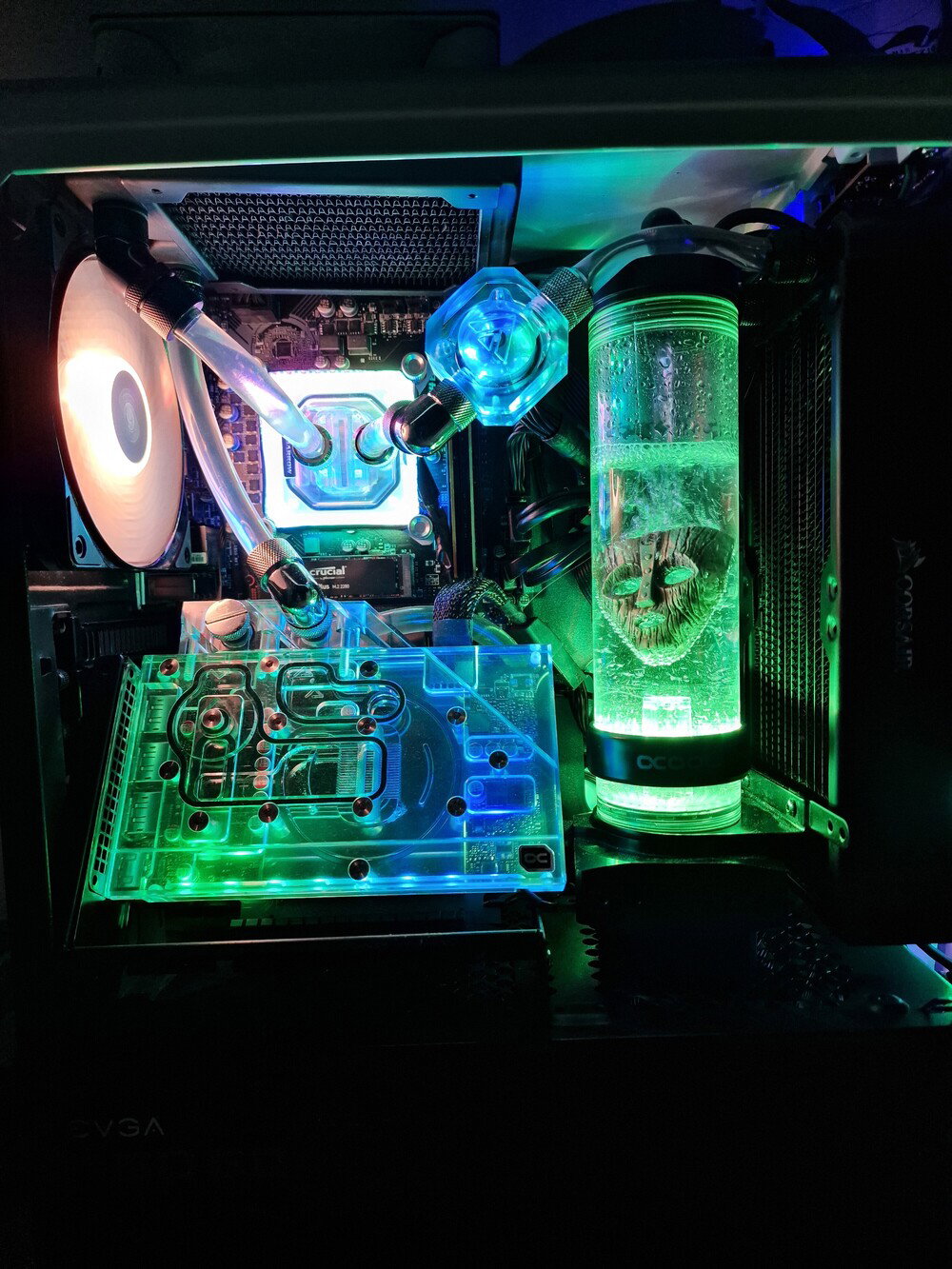 Expanded the loop to include the RTX 3060 Ti and added a submerged The Mask figurine inside the reservoir for a unique visual touch