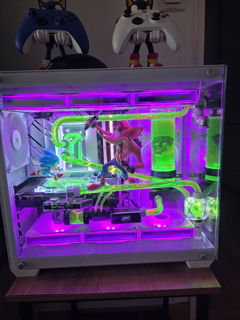 Experimentation with tubing + UV-reactive green coolant liquid.
