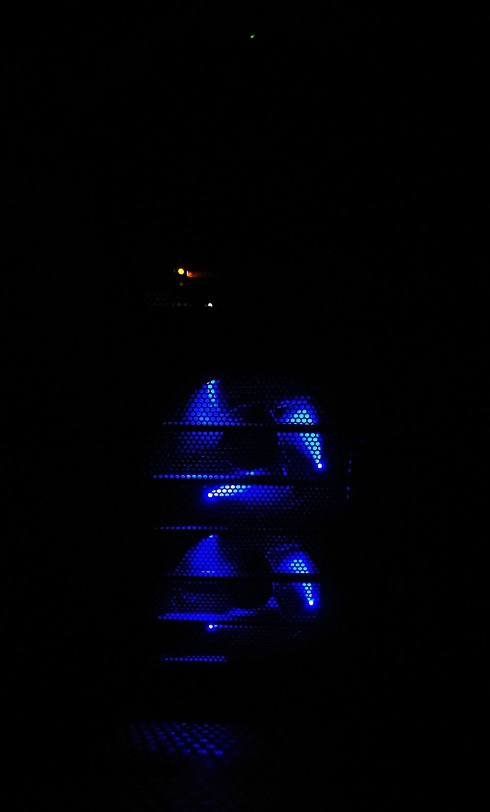 The front panel with its two blue light fans.