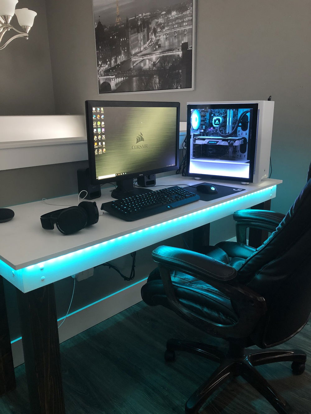Built the desk to match, strung two sets of rgb lights around the desk to match case lighting. (Still working on the monitor upgrade)