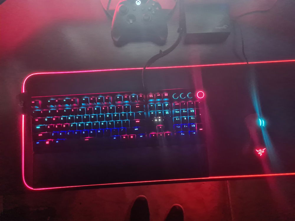 Desk view with upgraded peripherals.