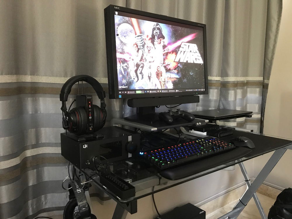 Desk. All black, when all is off I get to see the keyboard because is illuminated, otherwise I see nothing!