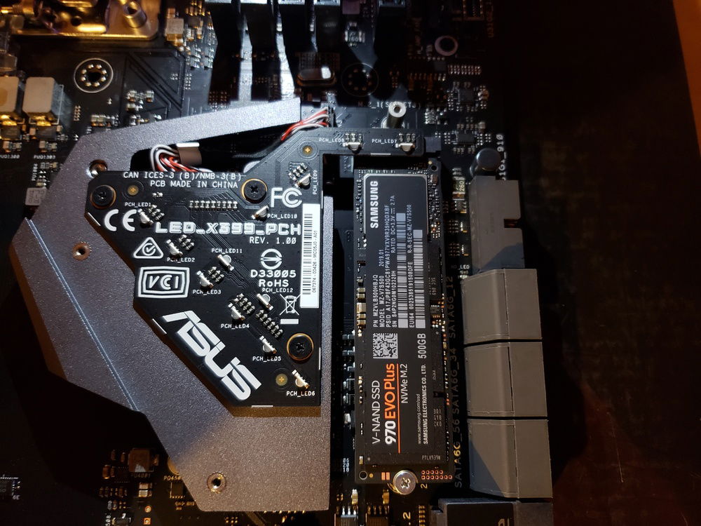 500 GB 970 EVO Plus for OS hidden under built in heatsink.
