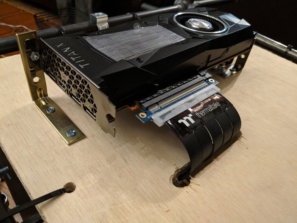 Cheap, but effective mounting brackets for expensive graphics card.