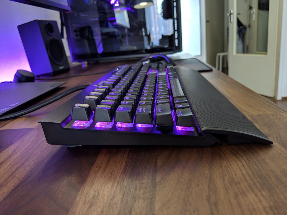 Side shot of the Corsair K70 RGB keyboard. This is one hell of a keyboard. Typing is very satisfying on the cherry red switches.