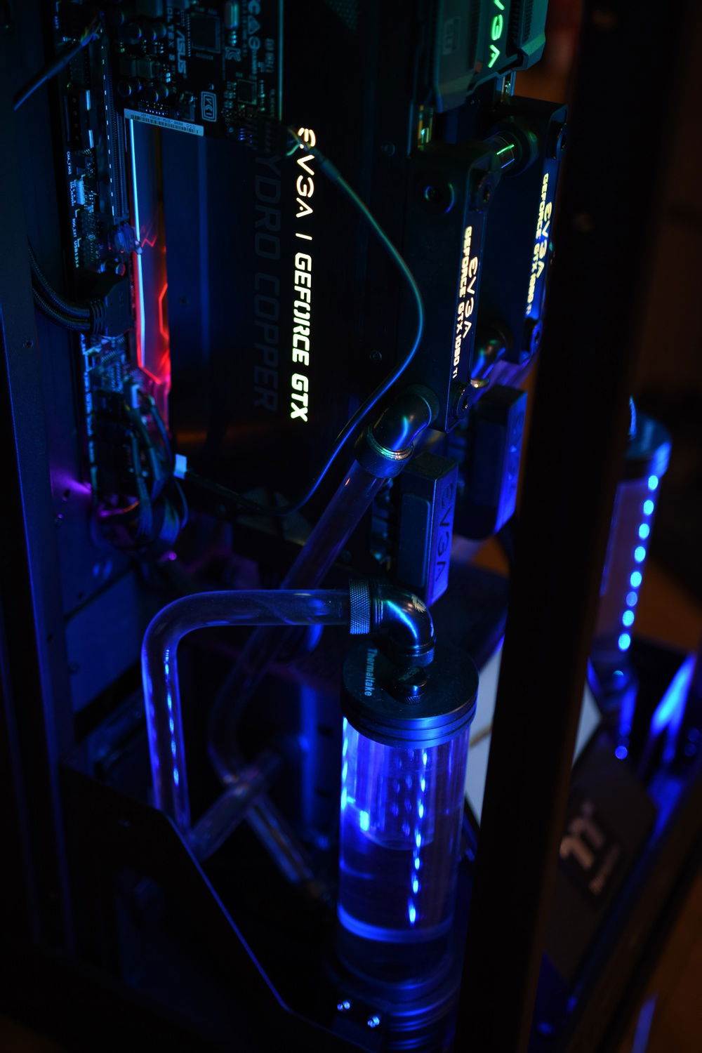 Powered on, showing the left side of build with RGB lighting up the build.