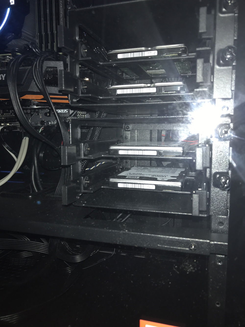 Four Laptop WD Scorpio Black 160GBs (some salvaged from an older build, others bought off eBay) configured in RAID-0 mode stores the home partition as well as function as the swap disk. And believe me, this configuration is reasonably fast and responsive.