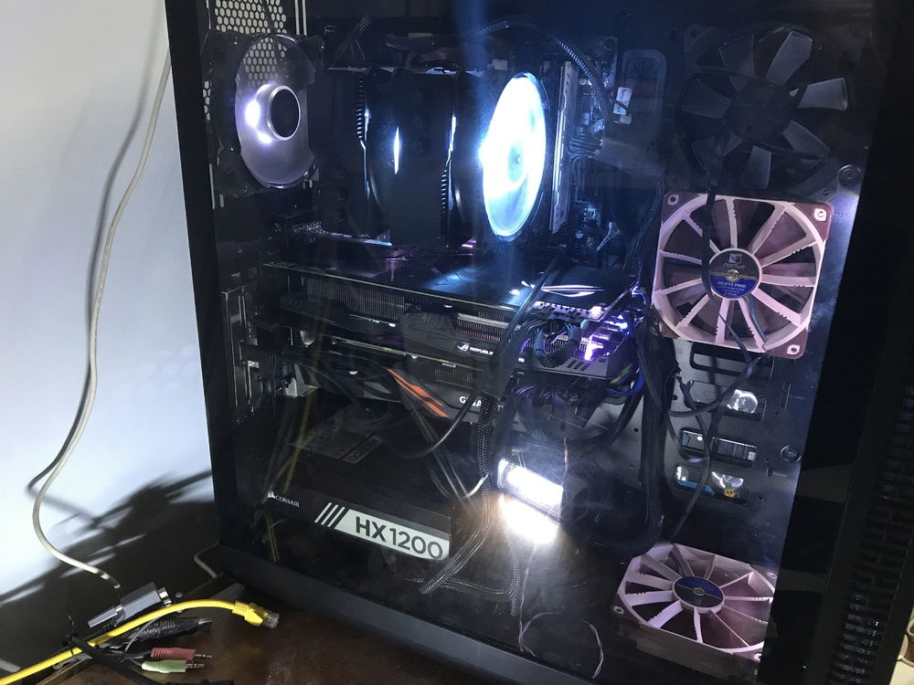 Doesn’t look like much, but yeah, dual Vega 64. One Asus, one Gigabyte. Hope this works.

And oh, yeah. Stock cooler replaced with MasterAir MA620P. The original Wraith cooler somehow became grimy and sticky and I decided I want a new cooler.