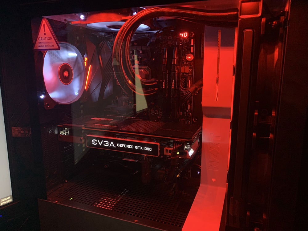 Side view while lit up. All lighting is set to red. The theme is red, white, and black.