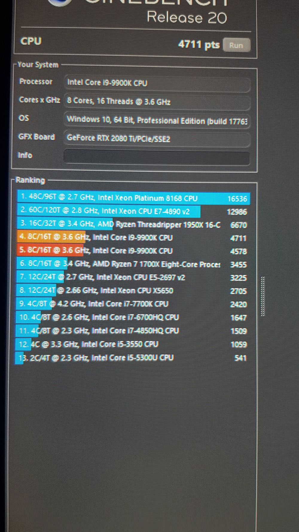 Cinebench r20. 1st score was at 5ghz. 2nd score is at 5.2ghz