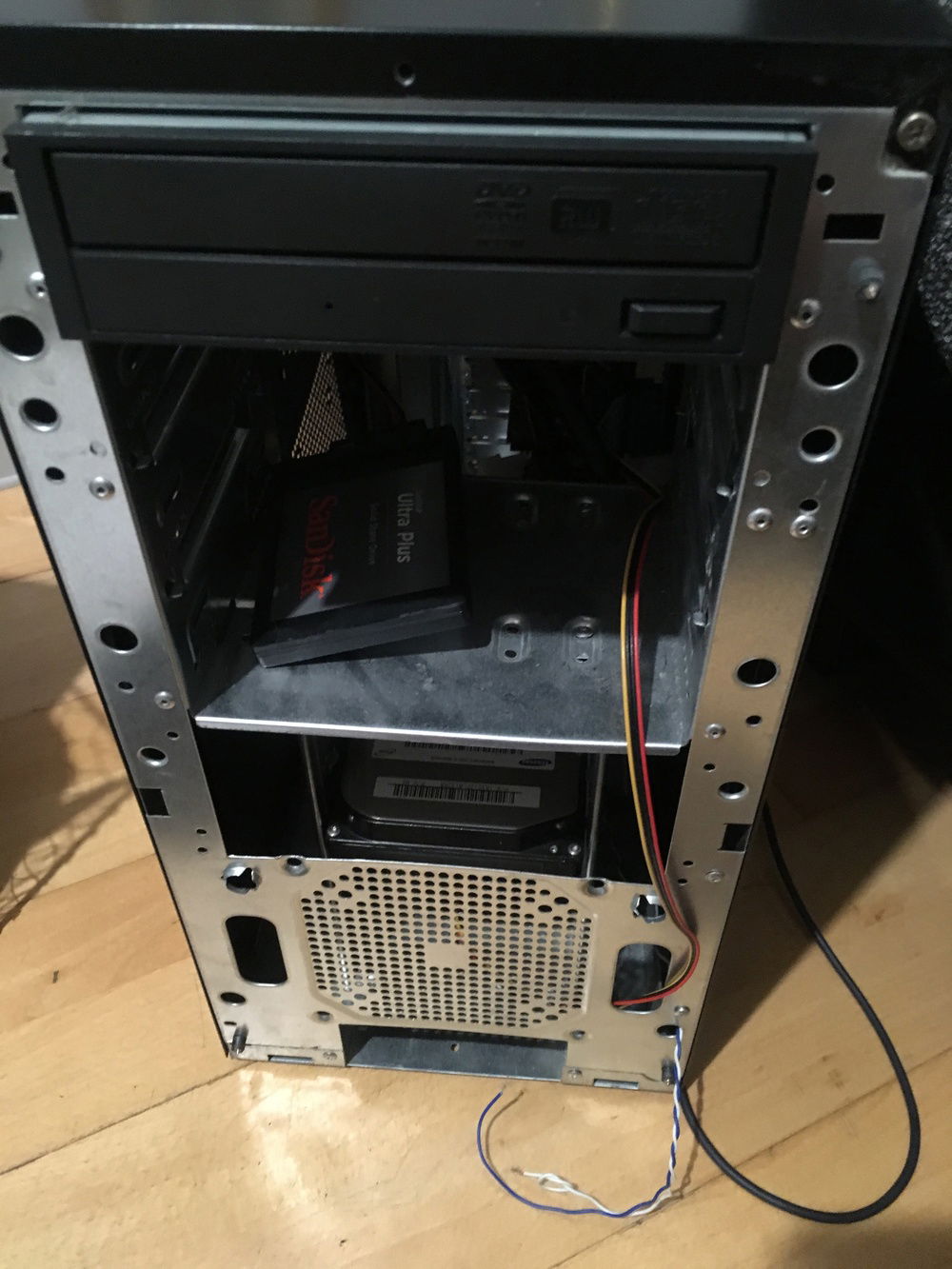 Front. Blue and white power switch wire stripped bare and tapped together to boot