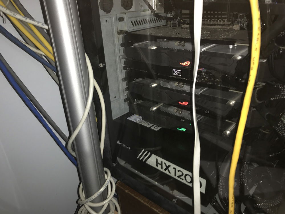 Three RX 470s. Probably overkill, but I wanted the build to match the fact that I had three GPUs while running on the NForce 980a- two 650 Ti Boosts and one GeForce 8200 integrated. And yeah, X-Fi, and 1200w PSU