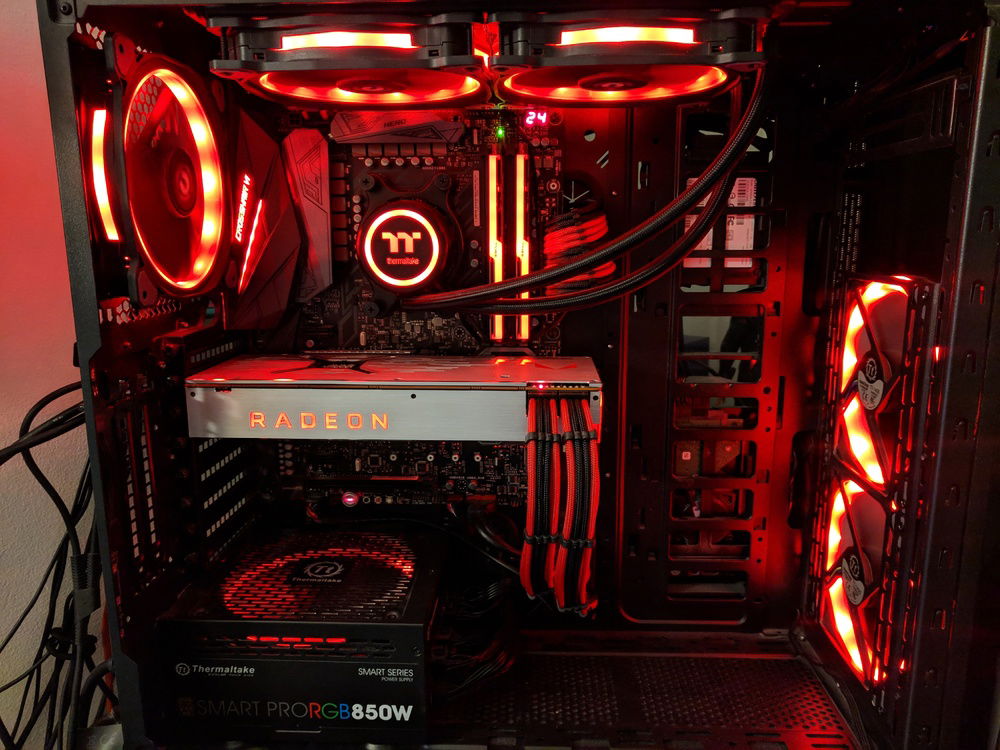 Current configuration. Horizontal GPU, all red lights, edge-mounted LED light strip off. (Room lights on)