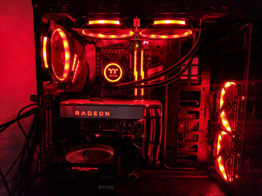 Current configuration. Horizontal GPU, all red lights, edge-mounted LED light strip off. (Room lights off)