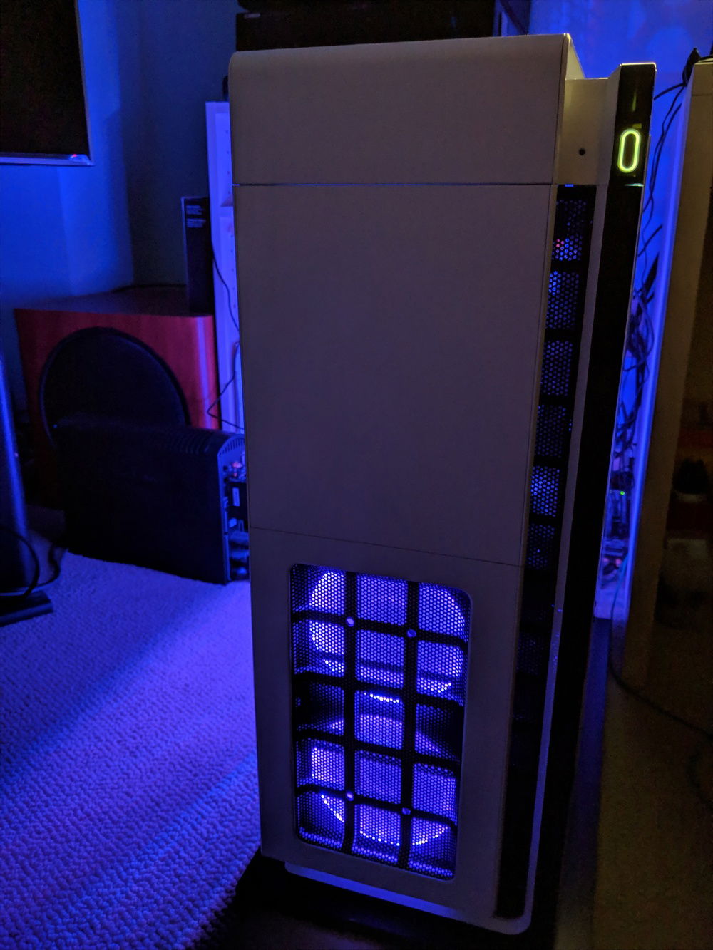 Front panel with LED halos showing through. I removed the stock panel in front of the mesh to have better airflow and visibility