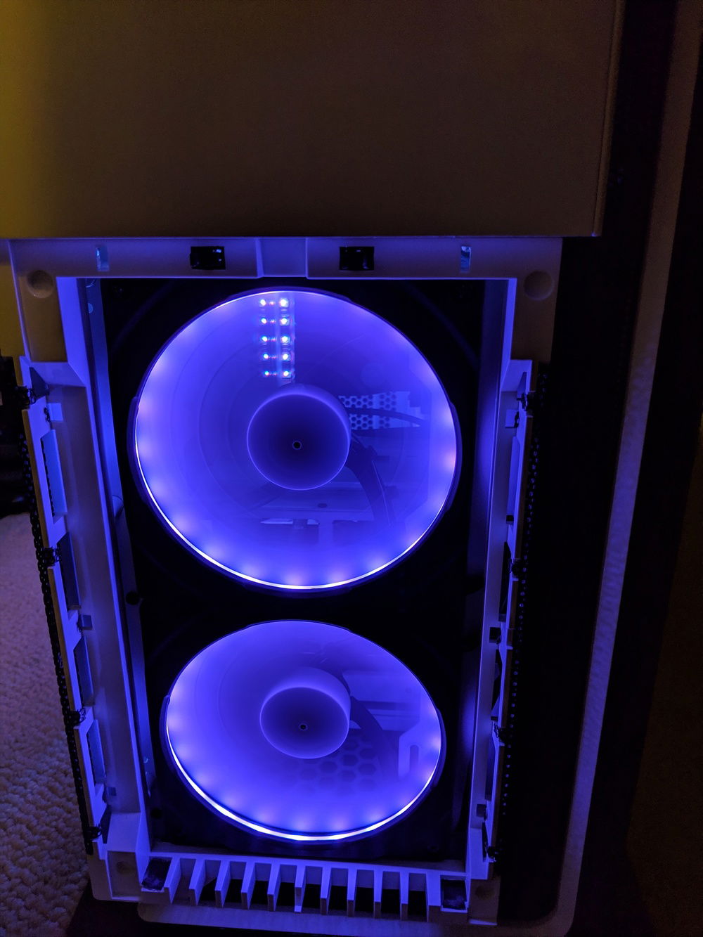 Close-up of the front fans with LED rings