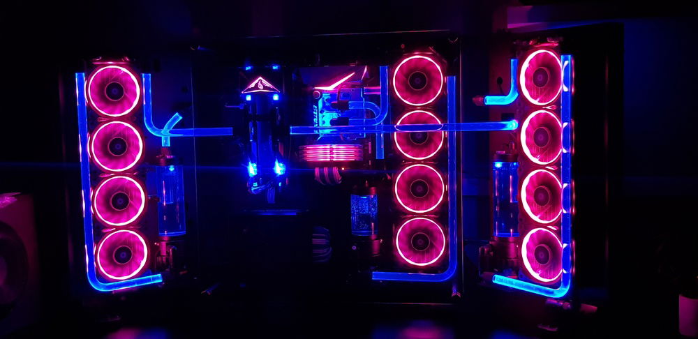 Closeup of Thermaltake P7 Core Chassis in darkness.