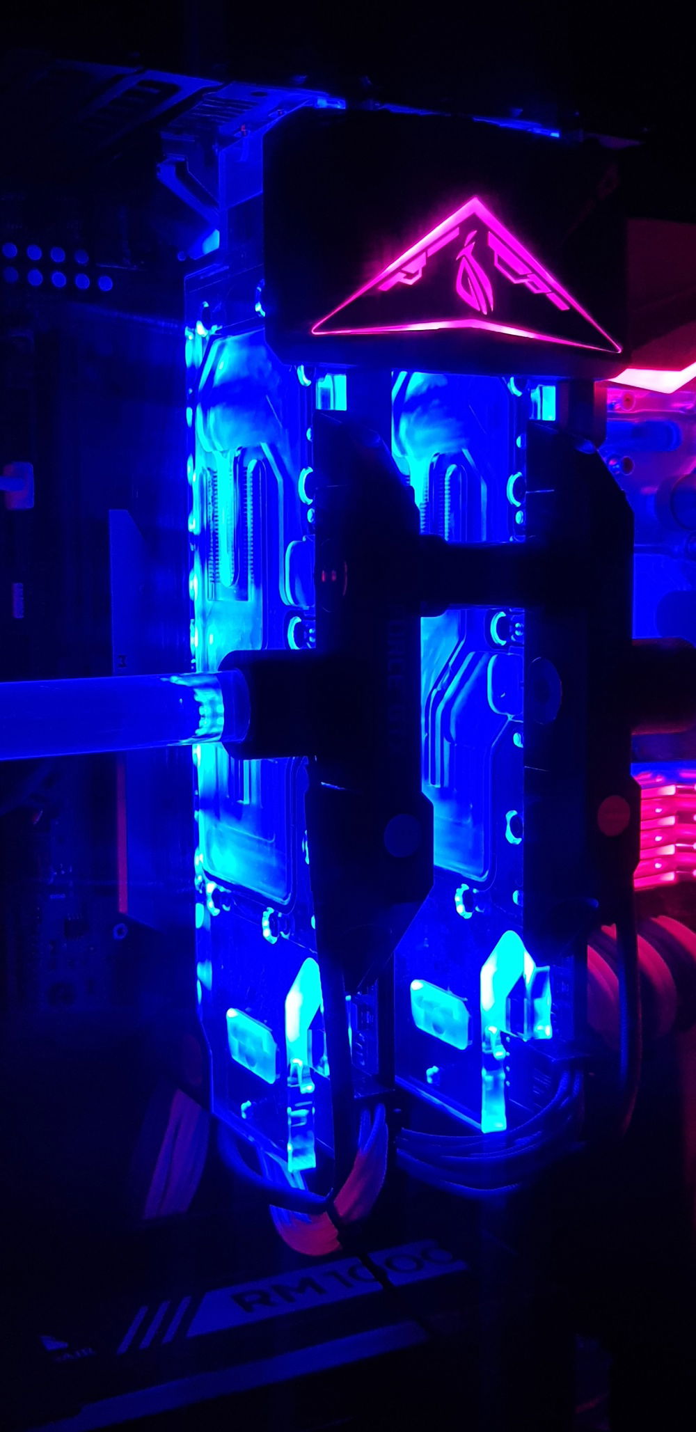 Closeup of EKWB Waterblocks GTX1070Ti's - in darkness