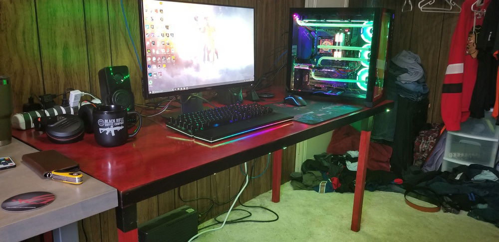 Just a general picture of the whole setup I actually built the desk and stained it myself for below 100 dollars