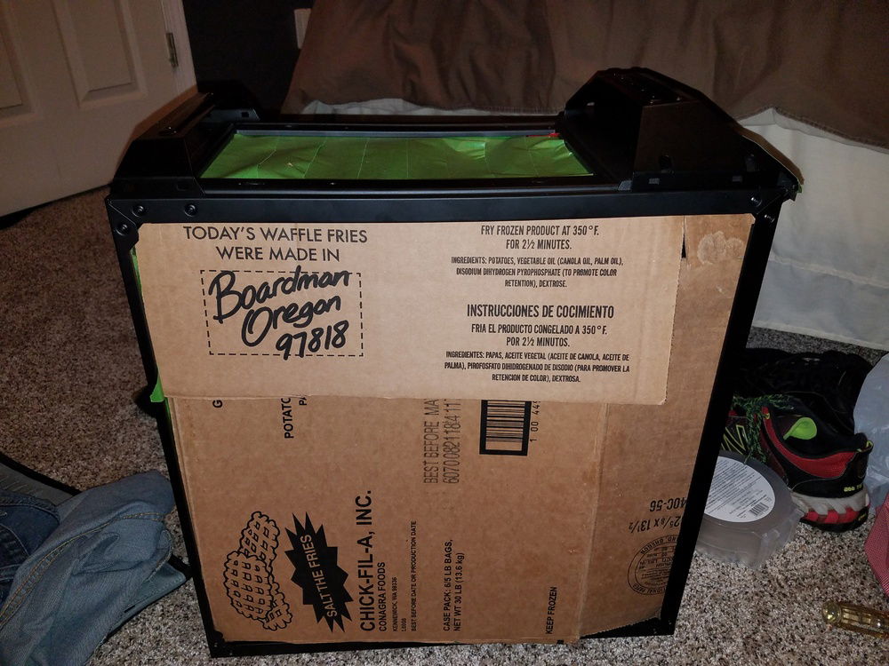 At the time I was still working for Chick-Fil-A so I got a few fry boxes to use as a back to keep the silver paint from bleeding into the red.