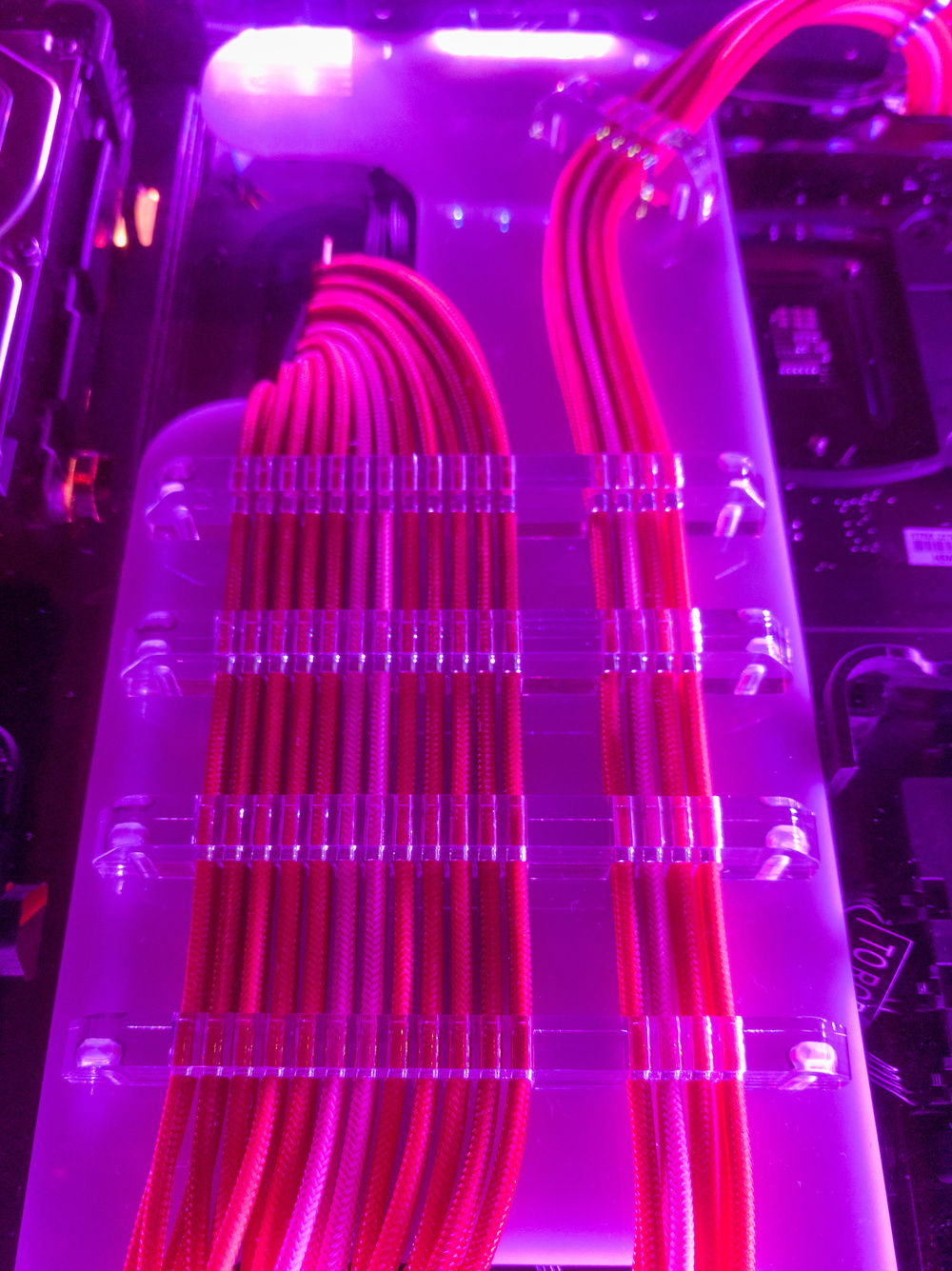 Close up of cablemod sleeved cables and  combs from clockwerk industries