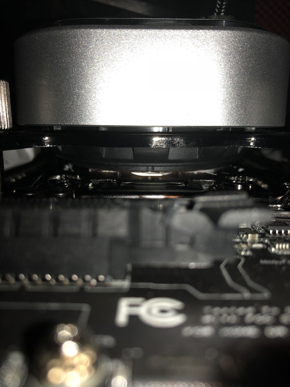 Closeup of water block AIO contact with thermal compound.