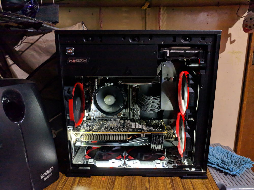 led strips all lit up.one on the bottom one on the left side and two inside the fan shroud in front ( excuse the gpu this was the old sapphire 290x