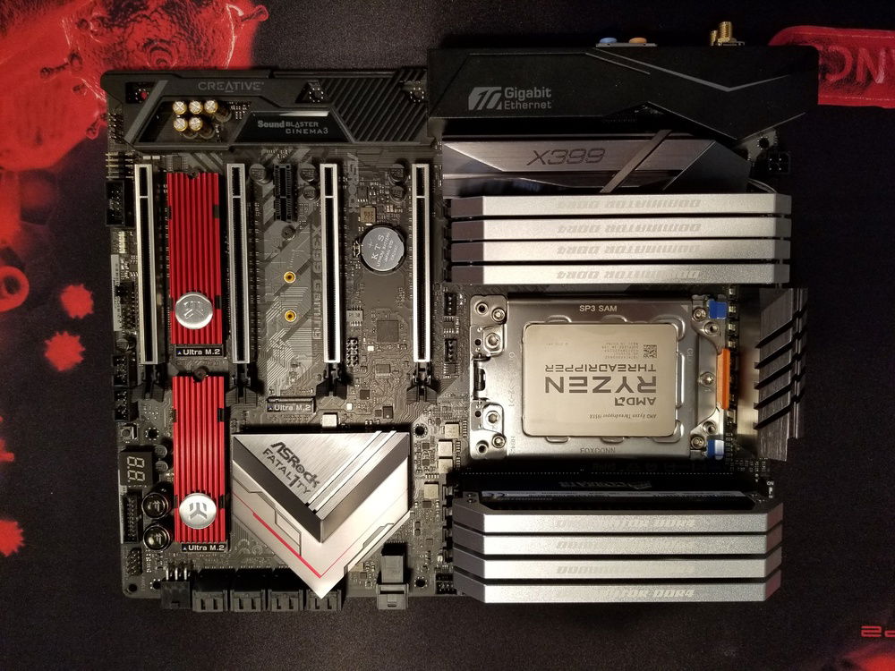 X399 MB with TR-1950X and M.2 heatsinks installed