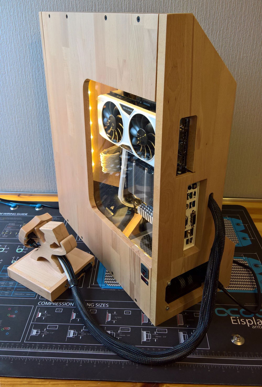 Integrated all the front I/O cables into one sleeve so the samurai warrior could sit cleanly on the desk :)