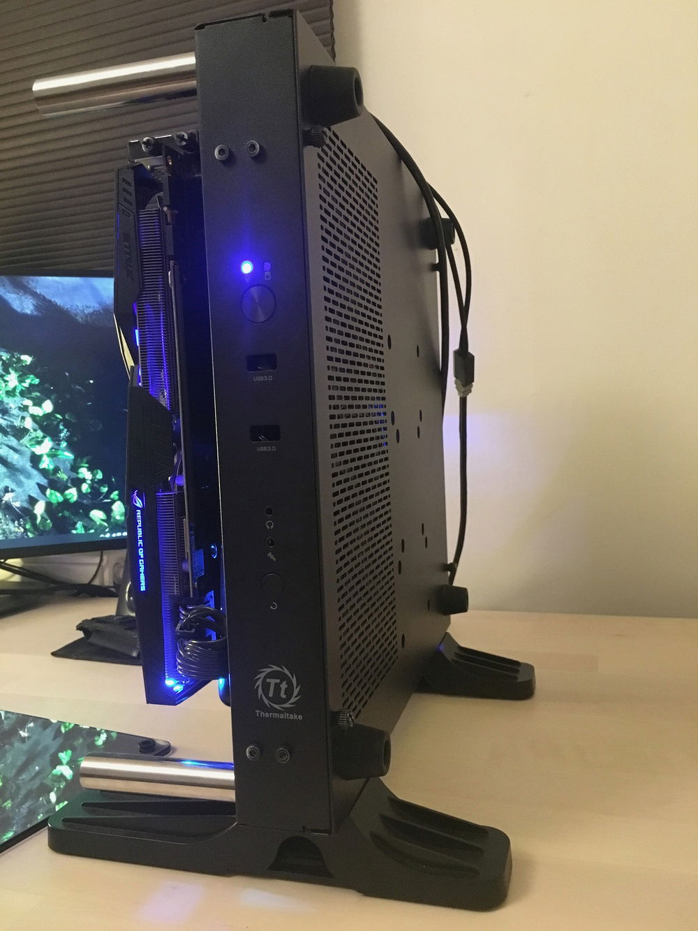 Radiator and exhaust comfortably though the existing perforations in the case.