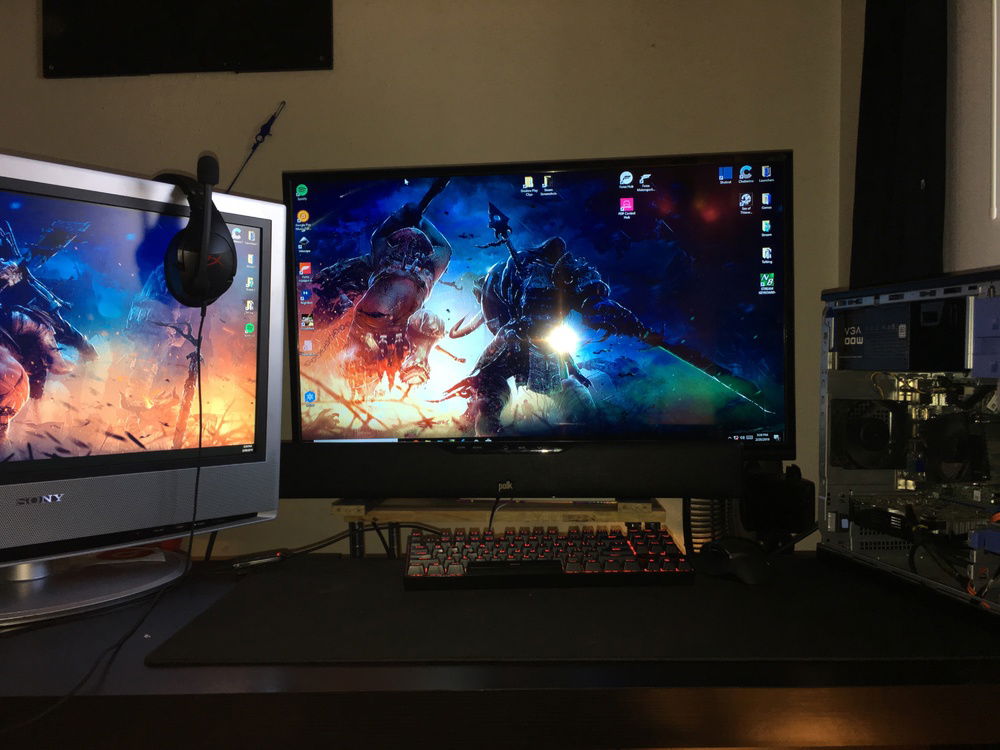 The battlestation lol. Fun fact, I like a bit of quality, so I got the res of a dual monitor setup and started multiplying. I ended up with this beast of a picture at 7680x2160. Looks fantastic.