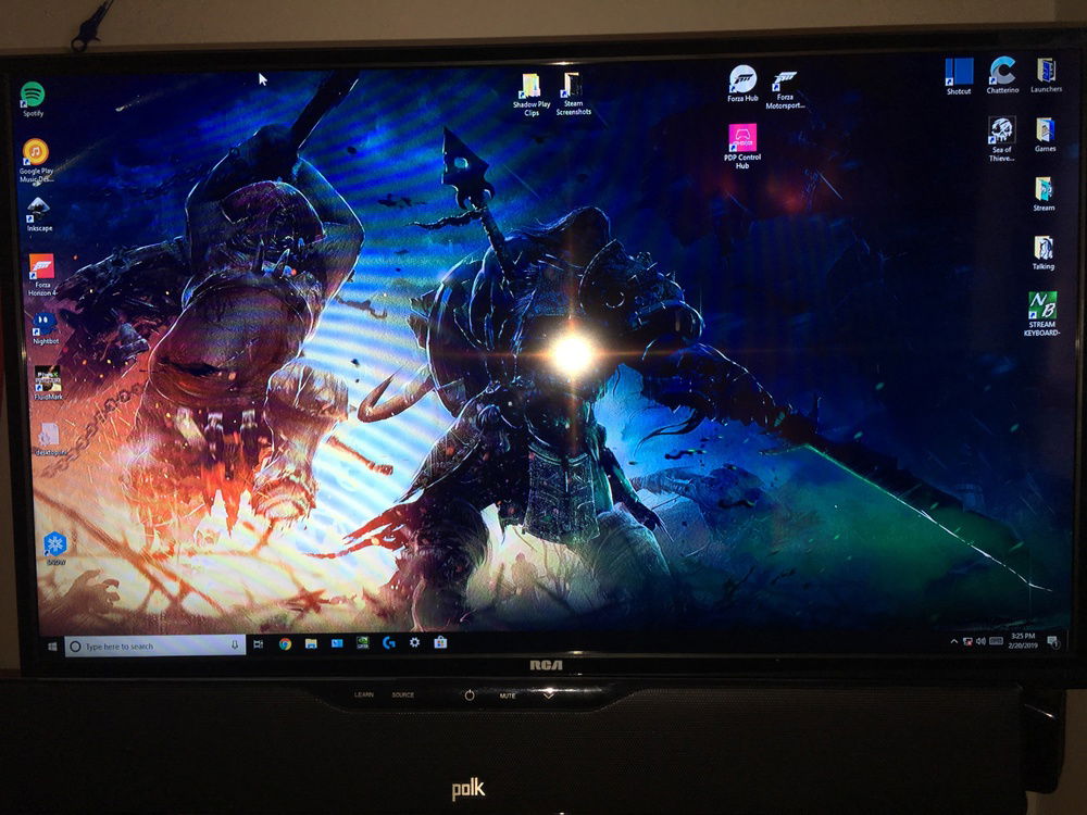 The main screen. An RCA 42" flatscreen, and my Polk sound bar. Res 1920x1080 and 8ms delay