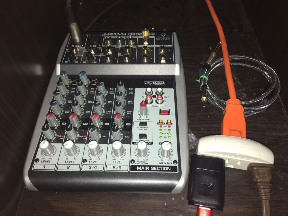 UPDATE: I forgot to include last time, but here we have my Behringer Xenyx Q802 usb mixer to go with my mic (AT2020 XLR). and my phone charger at the bottom