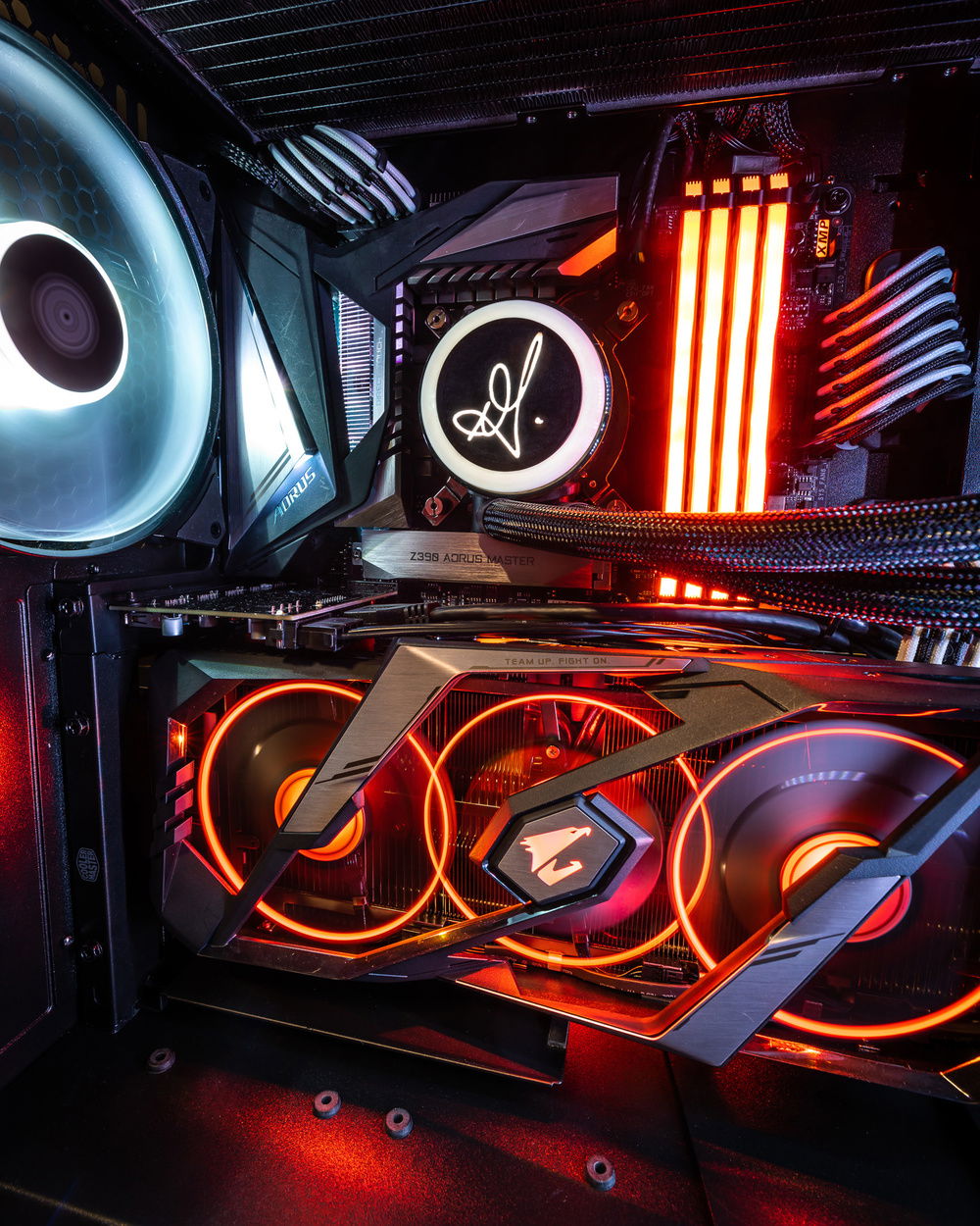 The finished build with a "Fire and Ice" theme showing off the custom signature, 3D printed pump cover.