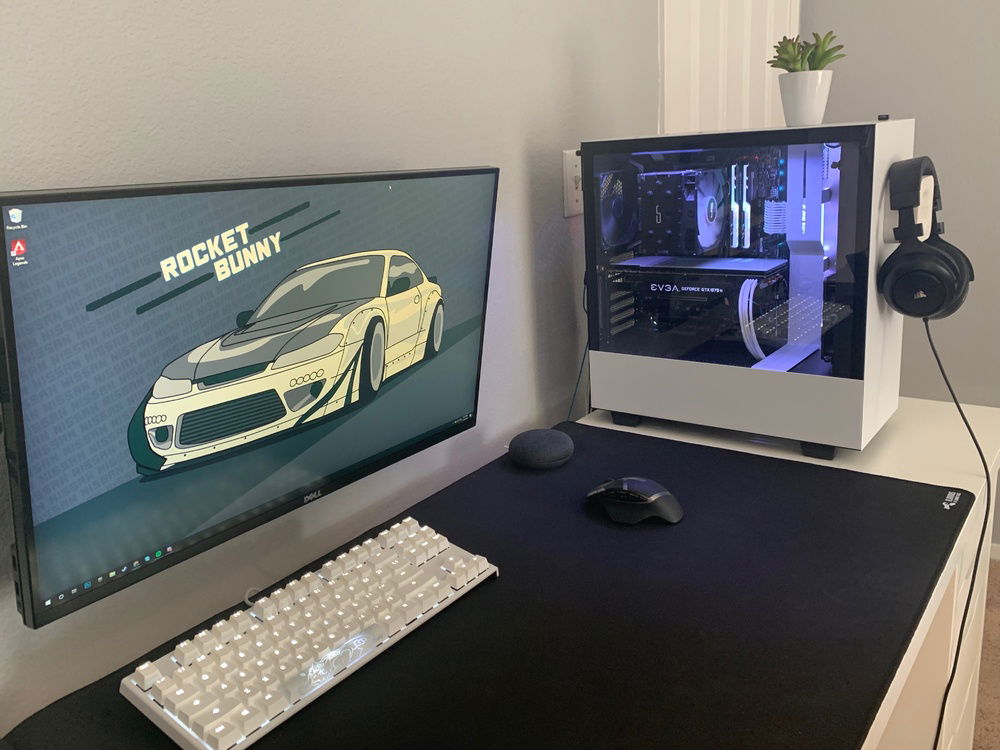 View of whole setup w/ my Dell S2716DG, Ducky One-2 TKL, Logitech g602, and Corsair HS50.